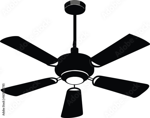 Black ceiling fan with five blades isolated on white background