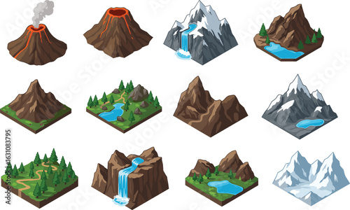 Mountain landscape vector set with volcano, snowy peaks, waterfalls, forest, rocky terrain, nature isometric illustration, game terrain assets, outdoor environment map elements