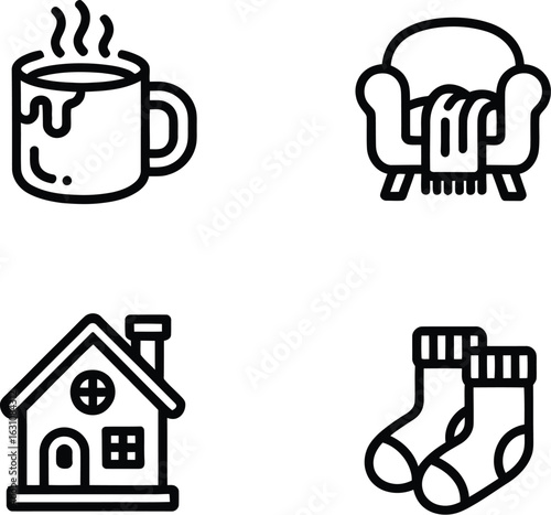 Cozy winter home comforts icons representing warmth relaxation and hygge lifestyle