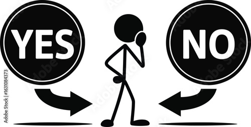 Stick figure person contemplating a choice between yes and no options