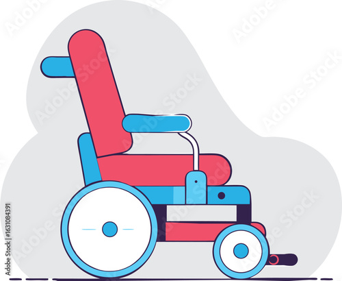 Modern cartoon wheelchair with red and blue accents isolated on white background
