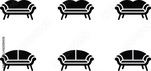 Collection of six classic black sofa silhouettes on a clean white background