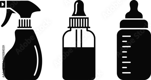 Three black silhouette icons of cleaning spray bottle dropper bottle and baby bottle