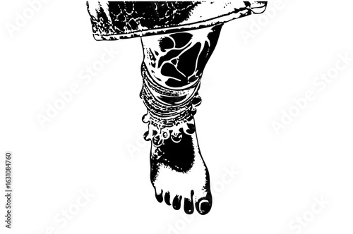 Vector Elegant foot adorned with traditional anklets and toe rings .