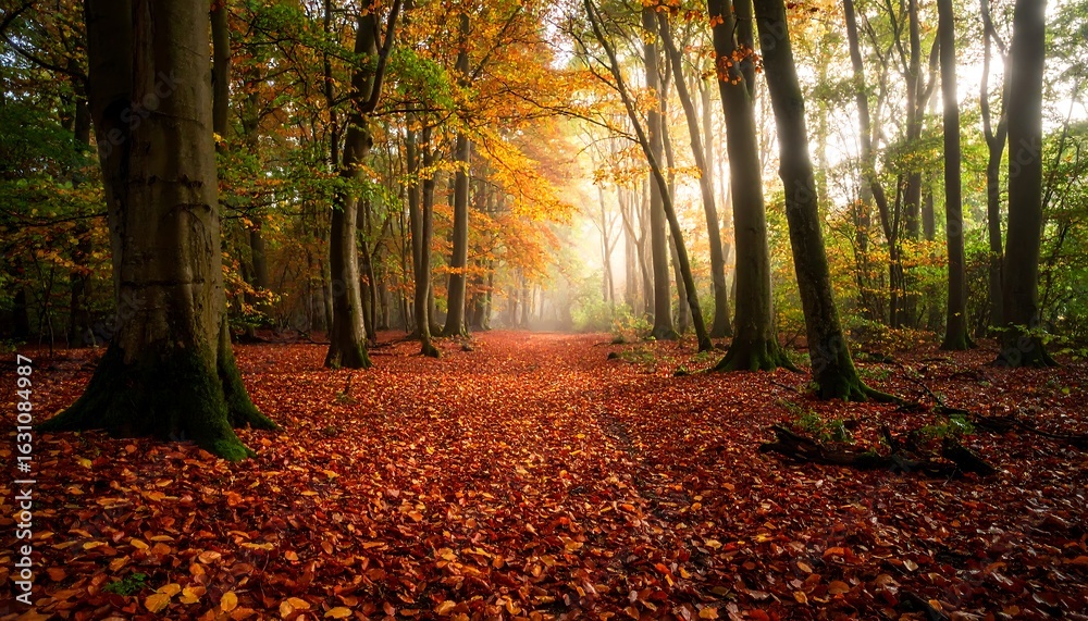 Obraz premium Autumn forest path bathed in sunlight