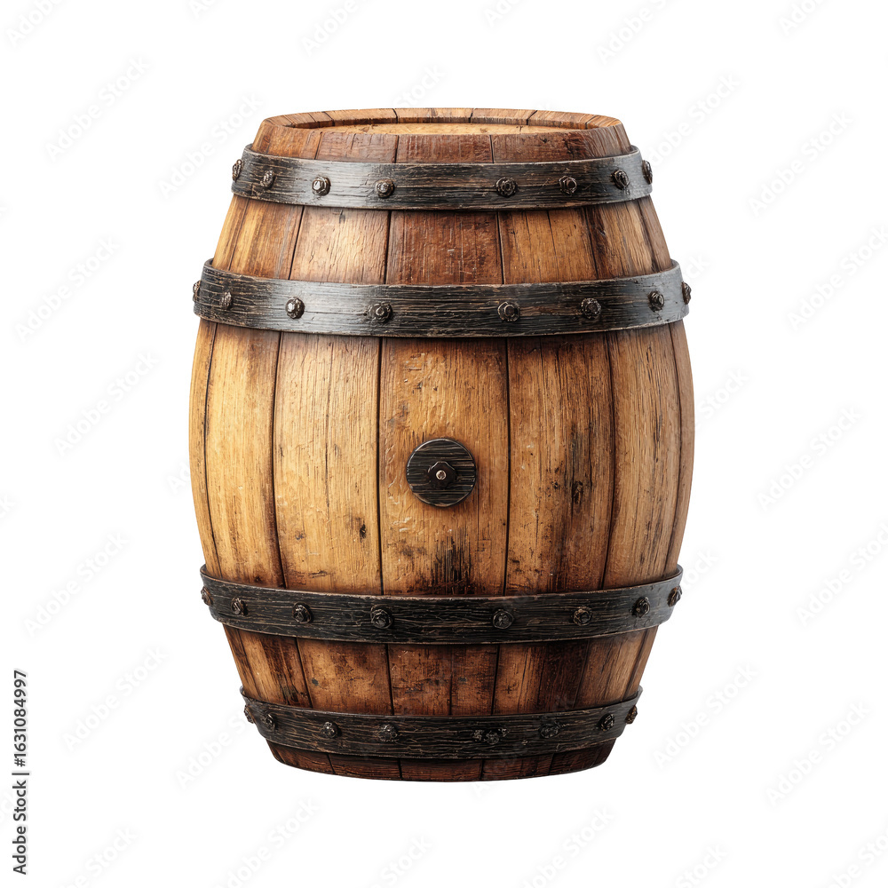 Obraz premium Wooden barrel, aged and robust. Dark brown wood with metal bands encircling it. Isolated on black background