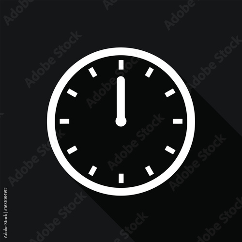 White minimalistic clock icon illustrating precise timekeeping and deadline management, set against a dark background with a modern long shadow, ideal for digital interfaces and business concepts.
