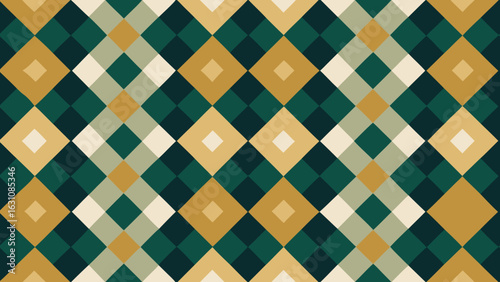Geometric diamond pattern in shades of green gold and cream diamonds squares