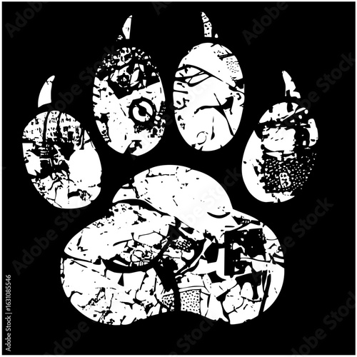 Vector Distressed paw print features fragmented shapes.