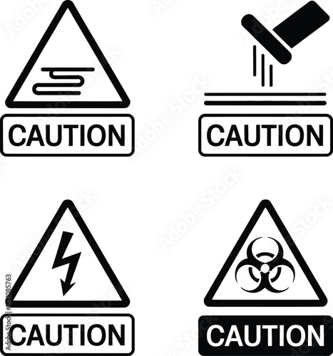 Set of four cautionary warning symbols with the word caution below each