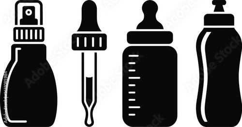 Collection of black silhouette icons representing baby bottles and dispensing containers