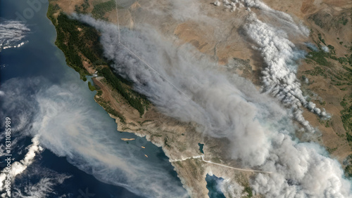 Wildfire smoke plume stretches across landscape, creating dramatic view from above. scene captures impact of natural disasters on environment