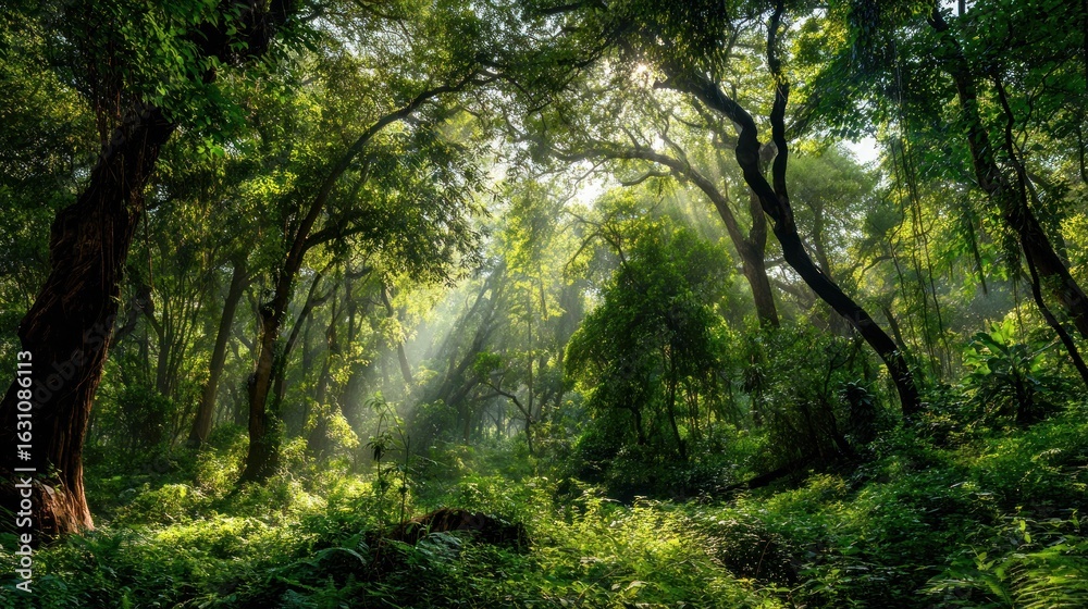 Fototapeta premium Sunbeams Illuminate Lush Rainforest