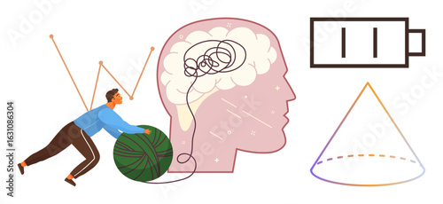 Man untangling yarn representing mental clarity, brain visualization, battery icon for energy, and triangle goal concept. Ideal for mental health, focus, productivity, resilience, clarity