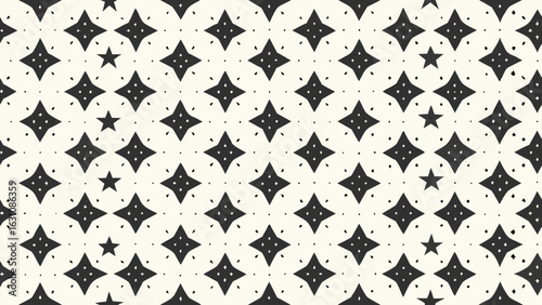 Repeating pattern of dark grey diamond shapes and stars on cream background seamless
