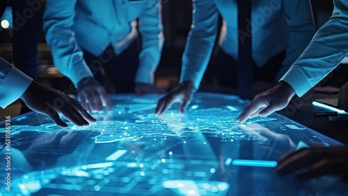 engineers, scientists, developers, collaboration, illuminated table, technology research, high-tech lab, industrial design, engine prototype, CAD, engineering teamwork, innovation, brainstorming