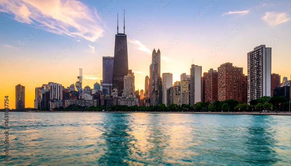 Obraz premium City skyline at sunset over water (2)