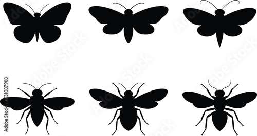 Collection of six black silhouettes of butterflies and bees on white background