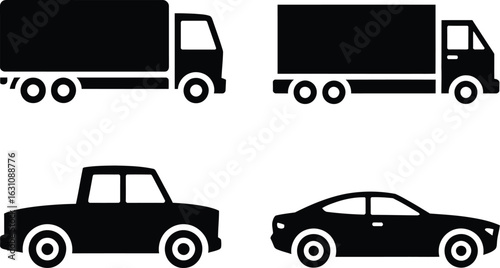 Collection of black silhouette icons representing trucks cars and pickup truck