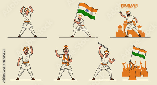 Collection of stylized Indian characters in traditional dress celebrating national pride with flags on Independence Day.