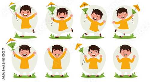 Joyful boy character collection in traditional attire, happily flying a kite in various dynamic poses for festival celebrations.