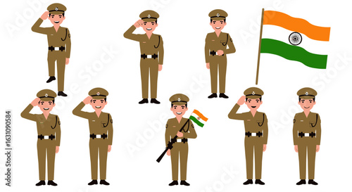 A versatile character set of an Indian police officer in a khaki uniform, shown in multiple poses including saluting and holding the national flag of India.