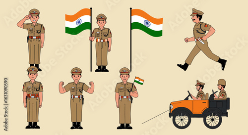 Indian Police Officer Character Mascot Set Illustrations of Duty, Strength, and Patriotism with the Indian Flag