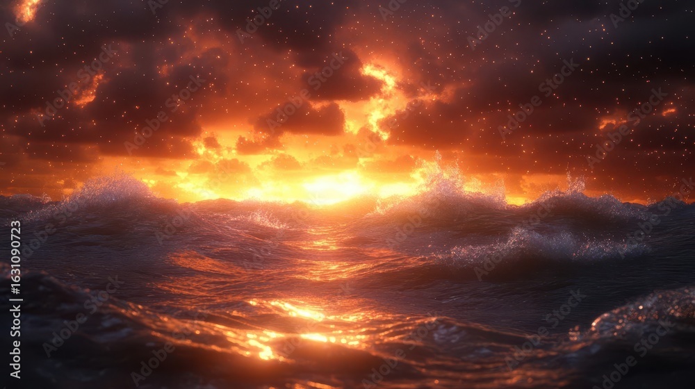 Fototapeta premium Fiery Sunset Over Ocean Waves