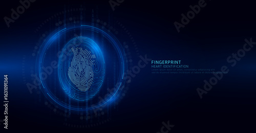 Heart symbol in fingerprint glowing on binary code background. Biometrics identification and approval. Medical digital technology. Security system data protection. Banner vector EPS10.