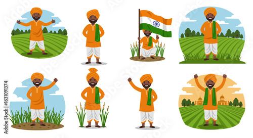 Set of Indian farmer character illustrations in traditional attire, posing in agricultural fields with the national flag.