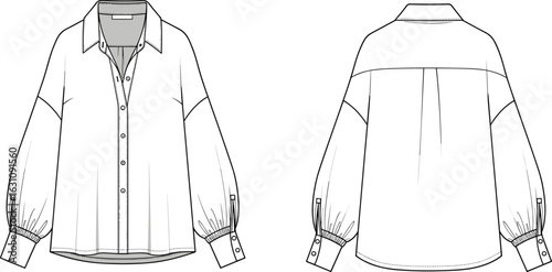 Women’s blouse technical flat sketch, balloon sleeve, button front, shirt collar, cuff detail, vector fashion drawing, front back view