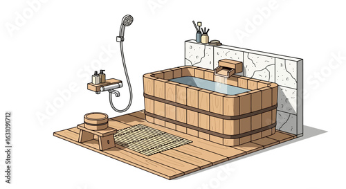 Zen Bathroom: Illustration of a Japanese Wooden Bathtub