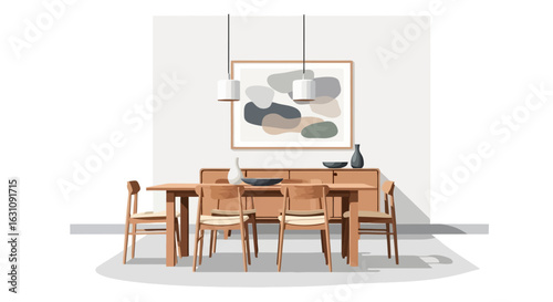 Minimalist Dining Room Interior with Artwork and Wood Furniture