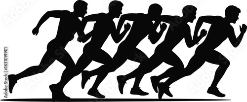 Silhouettes of male runners in motion during a track and field race