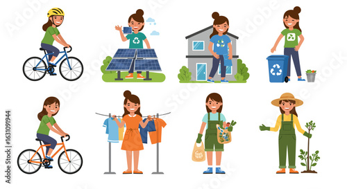 Set of a woman character demonstrating an eco-friendly lifestyle, including recycling, solar energy, and planting trees.
