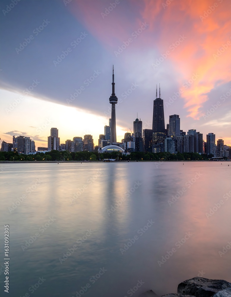 Fototapeta premium City skyline at sunset over water (7)