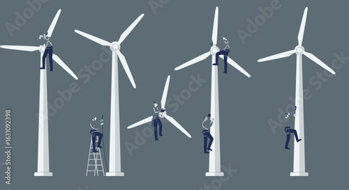 Vector illustration set of wind turbine maintenance with technicians climbing and repairing clean energy generators for a sustainable future.