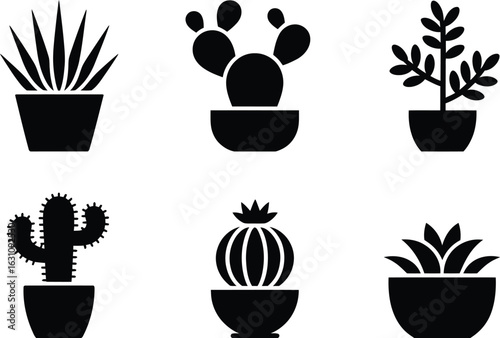 Collection of six silhouette potted houseplants and succulents in black and white