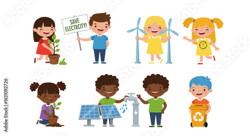Happy diverse children promoting environmental conservation by planting trees, saving energy, and recycling waste.