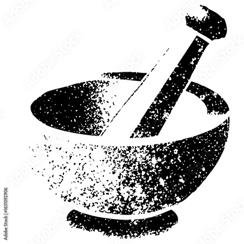 Vector Distressed mortar and pestle depicts traditional pharmacy tools.