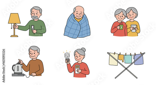 Cartoon illustrations of elderly people engaging in various daily activities.