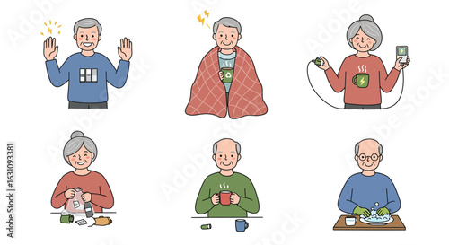 Six illustrations of elderly people engaged in various activities, showcasing diverse hobbies and daily routines.