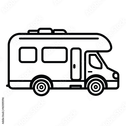 RV Campervan Outline on White, Recreational Vehicle Icon, Mobile Home, Road Trip,