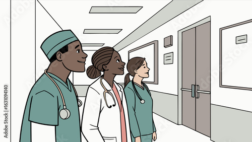 Medical team doctor nurse hospital healthcare professionals in hospital hallway looking ahead with hope