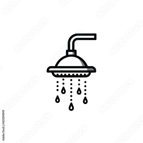 Simple Black and White Icon of Shower Head with Dripping Water Illustration
