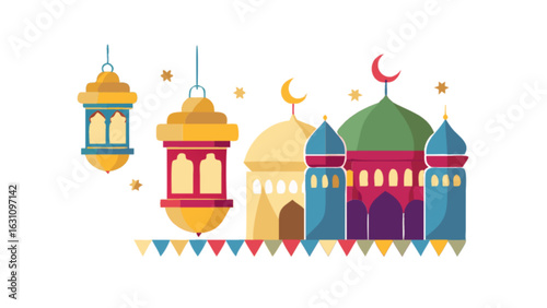 Ramadan kareem islamic mosque and lantern illustration for eid mubarak celebration design vector art