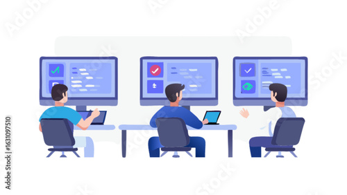 Team of software developers collaborating on code review and project management using multiple computers