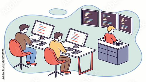 Illustration of software developers working on computers in an office environment coding together