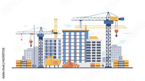 Construction site with crane building construction architecture urban development city skyline vector illustration