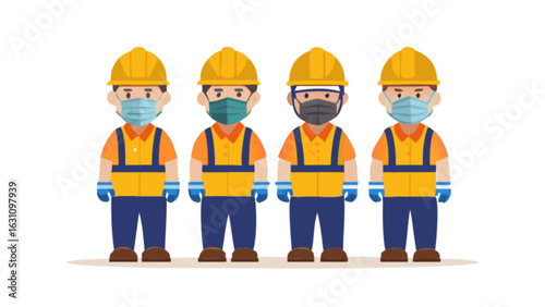 Construction workers wearing masks vector illustration for safety and health during pandemic times design